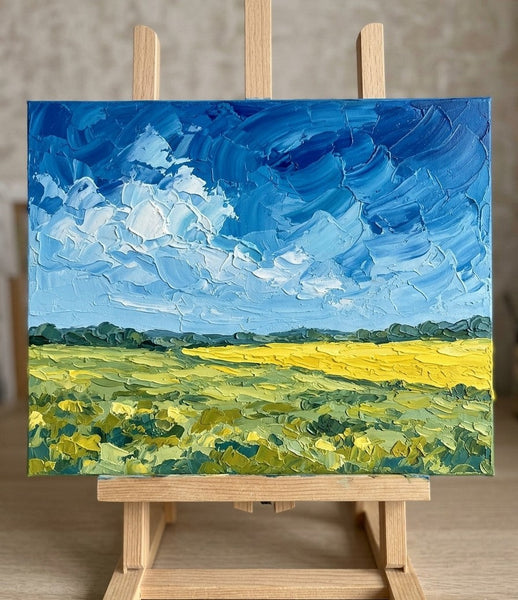 Clouds Drifting Over the Golden Plain, Small Canvas Wall Art Paintings, Original Landscape Paintings, Original Artwork for Sale, Hand Painted Canvas Art, Impasto Heavy Texture Art-Grace Painting Crafts