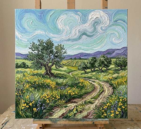 Wind Sweeping Clouds Over teh Green Plain, Hand Painted Canvas Art, Original Oil Painting for Sale, Heavy Texture Paintings, Original Landscape Paintings-Grace Painting Crafts