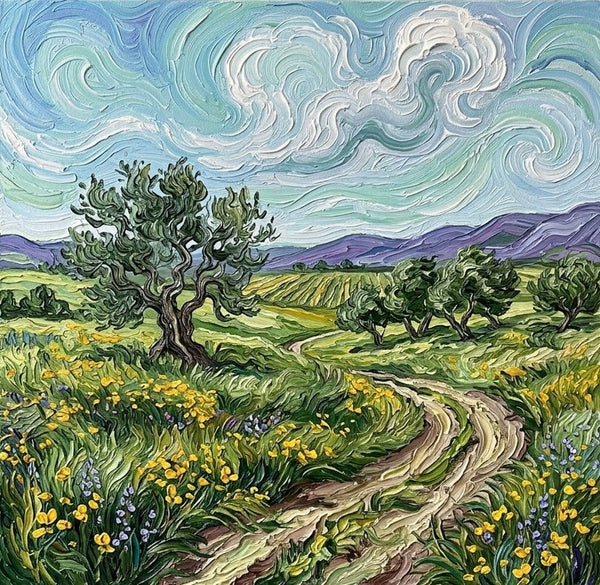 Wind Sweeping Clouds Over teh Green Plain, Hand Painted Canvas Art, Original Oil Painting for Sale, Heavy Texture Paintings, Original Landscape Paintings-Grace Painting Crafts