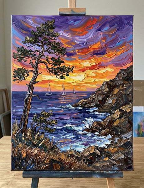 Hand Painted Canvas Art, Impasto Sunset at the Coastal Cove, Original Seascape Paintings, Original Oil Paintings, Buy Small Paintings Online, Small Canvas Artwork-Grace Painting Crafts