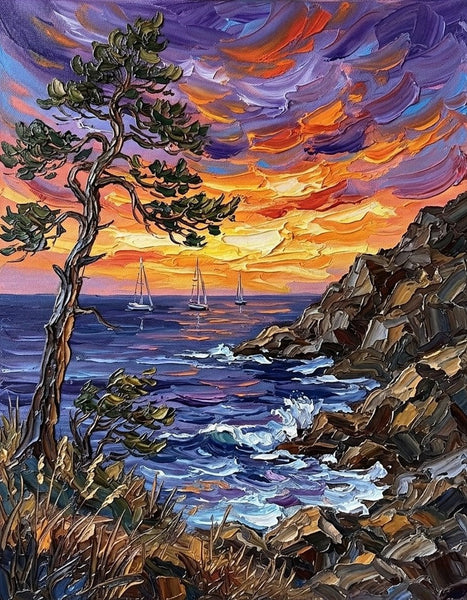 Hand Painted Canvas Art, Impasto Sunset at the Coastal Cove, Original Seascape Paintings, Original Oil Paintings, Buy Small Paintings Online, Small Canvas Artwork-Grace Painting Crafts