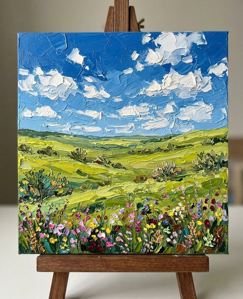 Green Prairie Beneath the Clouds, Hand Painted Canvas Art, Original Oil Painting for Sale, Heavy Texture Paintings, Original Landscape Paintings-Grace Painting Crafts
