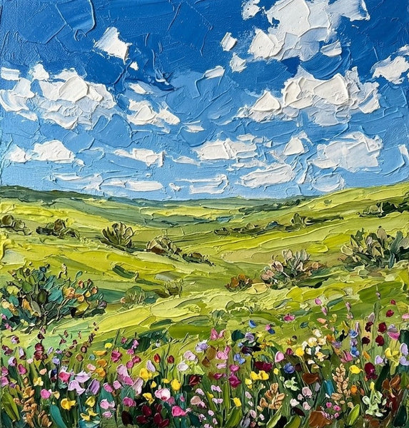 Green Prairie Beneath the Clouds, Hand Painted Canvas Art, Original Oil Painting for Sale, Heavy Texture Paintings, Original Landscape Paintings-Grace Painting Crafts