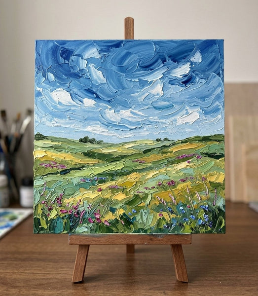 Original Landscape Paintings, Wind Sweeping Flower Hills, Hand Painted Canvas Art, Original Oil Painting for Sale, Heavy Texture Paintings-Grace Painting Crafts