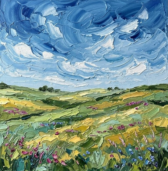 Original Landscape Paintings, Wind Sweeping Flower Hills, Hand Painted Canvas Art, Original Oil Painting for Sale, Heavy Texture Paintings-Grace Painting Crafts