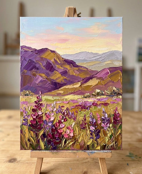 Abstract Landscape Paintings, Flowers Awaken Beneath Purple Hills, Small Canvas Artwork for Sale, Original Oil Paintings, Heavy Texture Paintings, Hand Painted Canvas Art-Grace Painting Crafts
