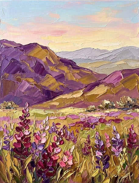 Abstract Landscape Paintings, Flowers Awaken Beneath Purple Hills, Small Canvas Artwork for Sale, Original Oil Paintings, Heavy Texture Paintings, Hand Painted Canvas Art-Grace Painting Crafts