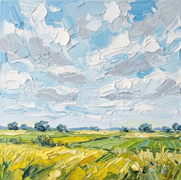 Abstract Landscape Paintings, Original Oil Painting for Sale, Sunny Clouds Drifting Over the Field, Hand Painted Canvas Art, Heavy Texture Paintings-Grace Painting Crafts