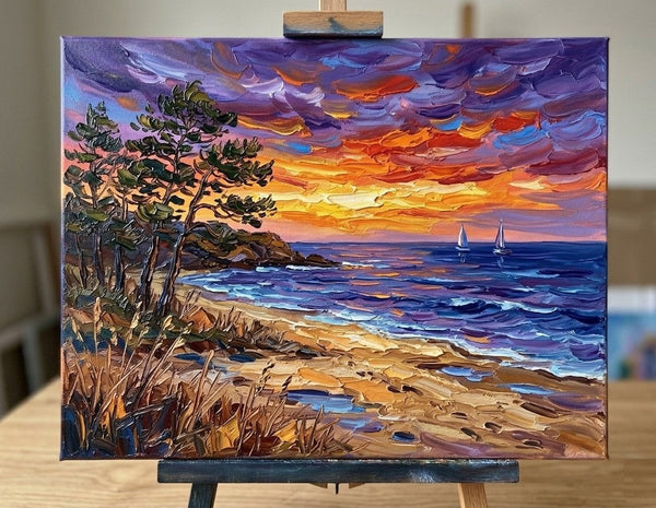 Sunset Sails on the Coast, Original Landscape Paintings, Original Oil Paintings, Buy Small Paintings Online, Hand Painted Canvas Art, Small Canvas Artwork for Sale-Grace Painting Crafts