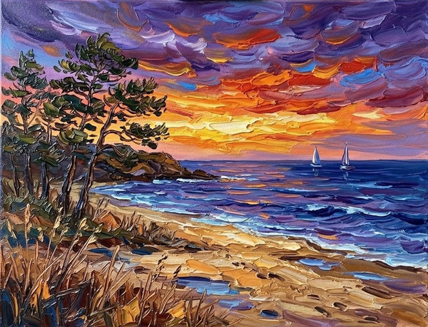 Sunset Sails on the Coast, Original Landscape Paintings, Original Oil Paintings, Buy Small Paintings Online, Hand Painted Canvas Art, Small Canvas Artwork for Sale-Grace Painting Crafts