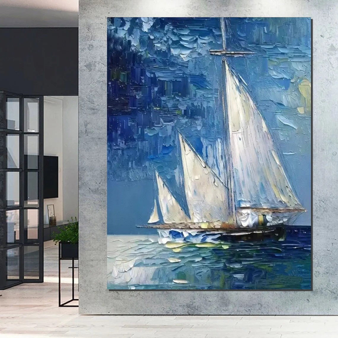 Modern Acrylic Canvas Painting, Simple Painting Ideas for Dining Room, Acrylic Painting on Canvas, Oversized Canvas Painting for Sale, Sail Boat Paintings-Grace Painting Crafts
