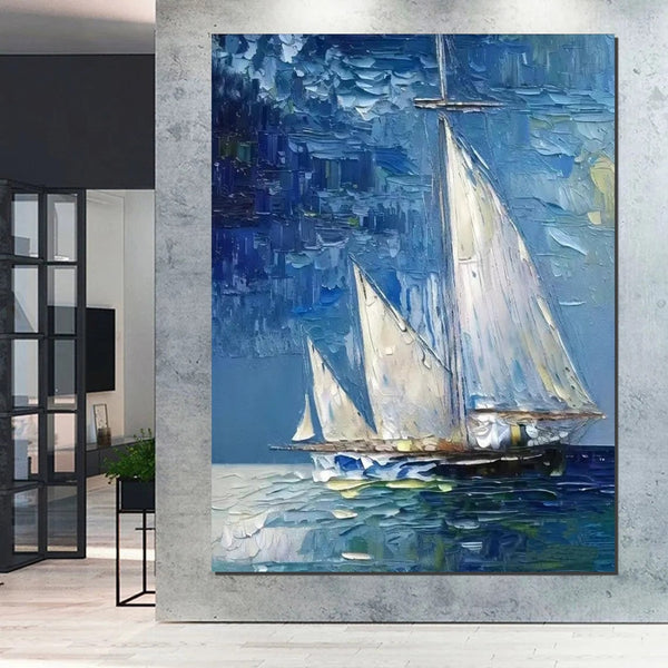 Modern Acrylic Canvas Painting, Simple Painting Ideas for Dining Room, Acrylic Painting on Canvas, Oversized Canvas Painting for Sale, Sail Boat Paintings-Grace Painting Crafts