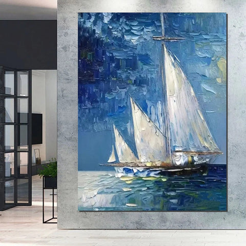 Modern Acrylic Canvas Painting, Simple Painting Ideas for Dining Room, Acrylic Painting on Canvas, Oversized Canvas Painting for Sale, Sail Boat Paintings-Grace Painting Crafts
