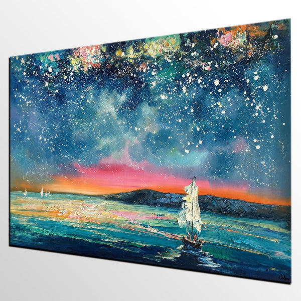 Landscape Oil Paintings, Sail Boat under Starry Night Sky Painting, Landscape Canvas Paintings, Custom Landscape Wall Art Paintings for Living Room-Grace Painting Crafts