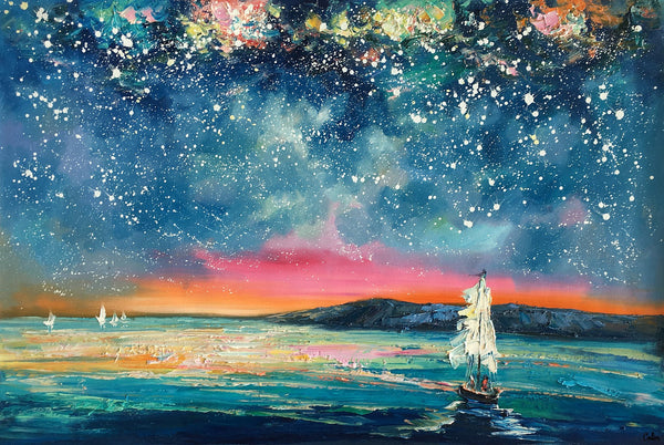 Landscape Oil Paintings, Sail Boat under Starry Night Sky Painting, Landscape Canvas Paintings, Custom Landscape Wall Art Paintings for Living Room-Grace Painting Crafts