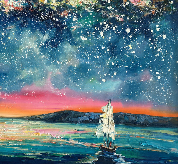 Landscape Oil Paintings, Sail Boat under Starry Night Sky Painting, Landscape Canvas Paintings, Custom Landscape Wall Art Paintings for Living Room-Grace Painting Crafts