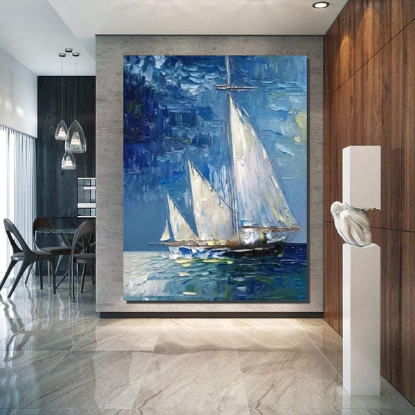 Modern Acrylic Canvas Painting, Simple Painting Ideas for Dining Room, Acrylic Painting on Canvas, Oversized Canvas Painting for Sale, Sail Boat Paintings-Grace Painting Crafts