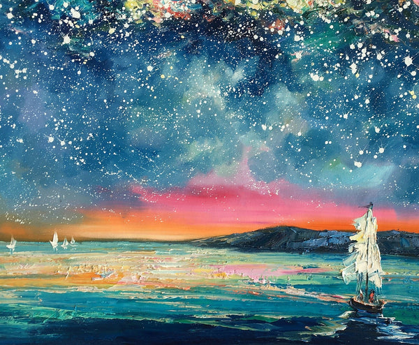 Landscape Oil Paintings, Sail Boat under Starry Night Sky Painting, Landscape Canvas Paintings, Custom Landscape Wall Art Paintings for Living Room-Grace Painting Crafts