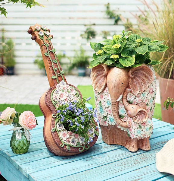 Modern Garden Flower Pot, Unique Guitar Flowerpot for Garden Ornaments, Beautiful Guitar Flowerpot, Villa Outdoor Decor Gardening Ideas-Grace Painting Crafts