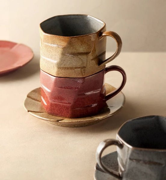 Modern Handmade Pottery Coffee Cup, Creative Ceramic Coffee Cup with Saucer, Unique Tea Cup and Saucer, Tea Cup Set for Afternoon Tea-Grace Painting Crafts