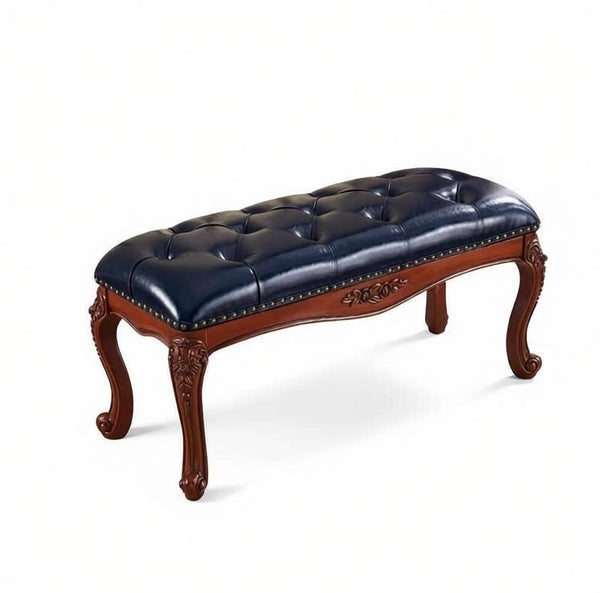 Entryway Bench, Leather Lounge Chair Modern, Farmhouse Blue Leather Stool, Genuine Leather Solid Wood Entry Bench, Vintage Dressing Table Stool, Rubber Wood Footstool-Grace Painting Crafts