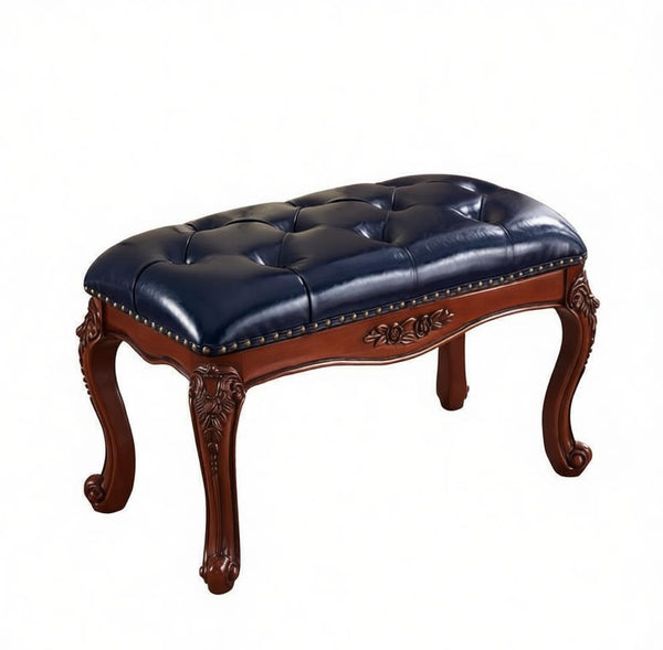 Entryway Bench, Leather Lounge Chair Modern, Farmhouse Blue Leather Stool, Genuine Leather Solid Wood Entry Bench, Vintage Dressing Table Stool, Rubber Wood Footstool-Grace Painting Crafts