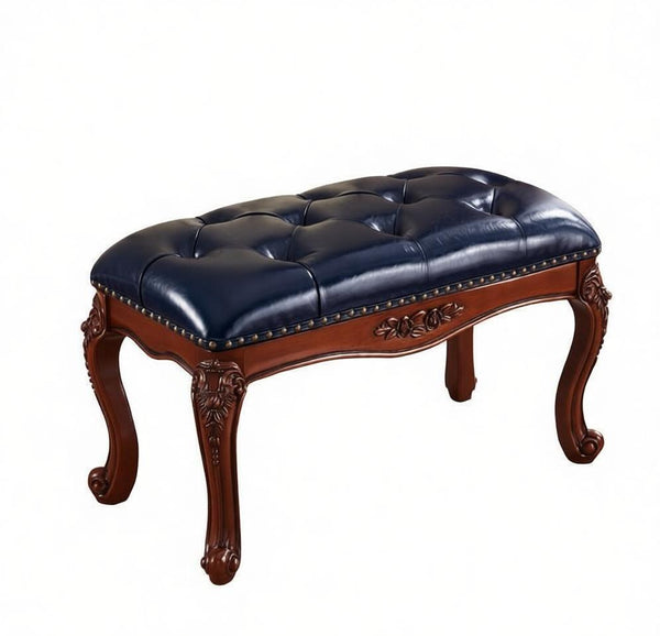 Entryway Bench, Leather Lounge Chair Modern, Farmhouse Blue Leather Stool, Genuine Leather Solid Wood Entry Bench, Vintage Dressing Table Stool, Rubber Wood Footstool-Grace Painting Crafts