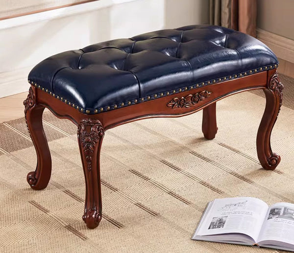 Entryway Bench, Leather Lounge Chair Modern, Farmhouse Blue Leather Stool, Genuine Leather Solid Wood Entry Bench, Vintage Dressing Table Stool, Rubber Wood Footstool-Grace Painting Crafts
