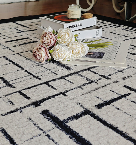 Modern Rugs for Living Room, Black Contemporary Modern Rugs, Modern Rugs for Dining Room, Abstract Contemporary Rugs Next to Bed-Grace Painting Crafts