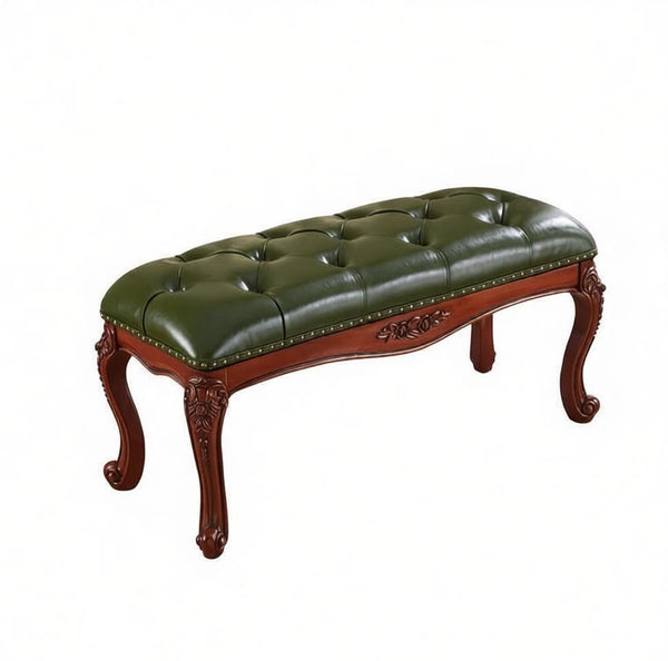 Farmhouse Entryway Bench, Leather Lounge Chair Modern, Green Leather Stool, Genuine Leather Solid Wood Entry Bench, Vintage Dressing Table Stool, Rubber Wood Footstool-Grace Painting Crafts