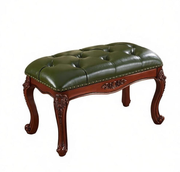 Farmhouse Entryway Bench, Leather Lounge Chair Modern, Green Leather Stool, Genuine Leather Solid Wood Entry Bench, Vintage Dressing Table Stool, Rubber Wood Footstool-Grace Painting Crafts