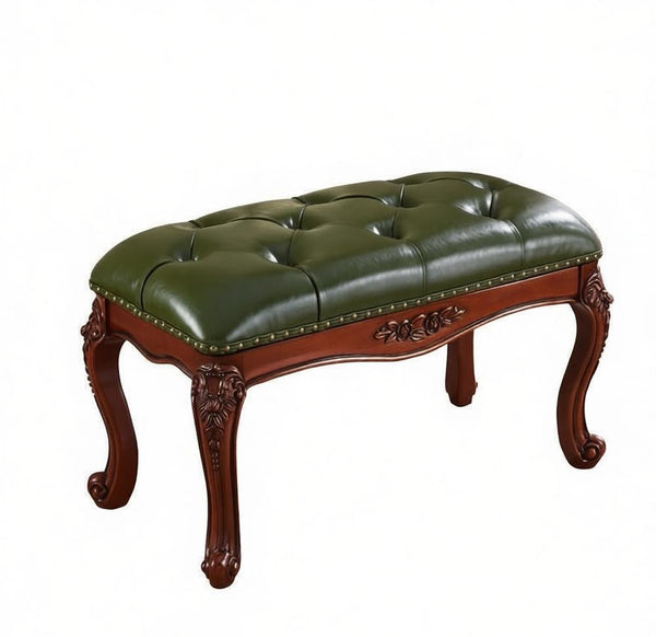 Farmhouse Entryway Bench, Leather Lounge Chair Modern, Green Leather Stool, Genuine Leather Solid Wood Entry Bench, Vintage Dressing Table Stool, Rubber Wood Footstool-Grace Painting Crafts