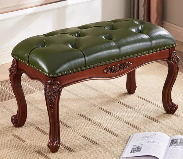 Farmhouse Entryway Bench, Leather Lounge Chair Modern, Green Leather Stool, Genuine Leather Solid Wood Entry Bench, Vintage Dressing Table Stool, Rubber Wood Footstool-Grace Painting Crafts