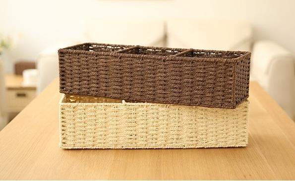 Woven Straw Storage basket with 3 Compartments, Wicker Storage Basket, Rectangle Storage Basket for Living Room-Grace Painting Crafts