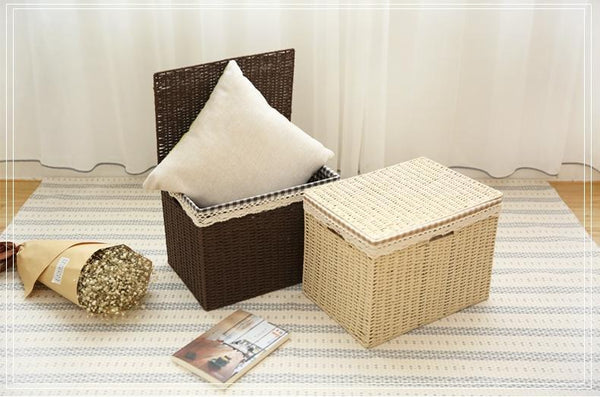 Large Deep Brown / Cream Color Woven Straw basket with Cover, Storage Basket for Toys, Rectangle Storage Basket, Storage Basket for Clothes-Grace Painting Crafts