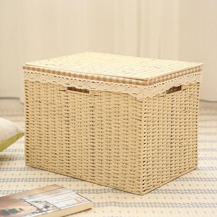 Large Deep Brown / Cream Color Woven Straw basket with Cover, Storage Basket for Toys, Rectangle Storage Basket, Storage Basket for Clothes-Grace Painting Crafts