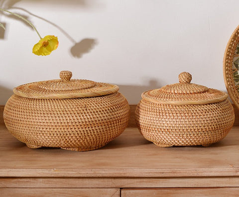 Woven Storage Basket for Kitchen, Round Storage Basket, Rattan Baskets, Small Storage Baskets, Handmade Storage Baskets, Round Storage Basket with Lid-Grace Painting Crafts