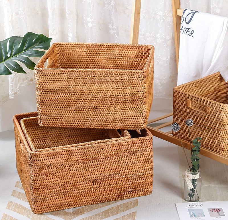 Rattan Storage Basket Large Rectangular Basket With Handle, Woven Storage Baskets For Kitchen And Bedroom