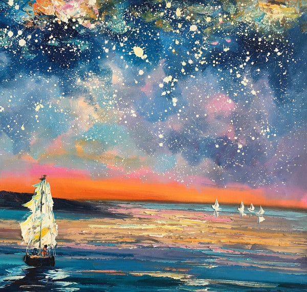 Landscape Canvas Painting, Large Canvas Wall Art, Starry Night Sky Painting, Custom Canvas Painting for Bedroom-Grace Painting Crafts
