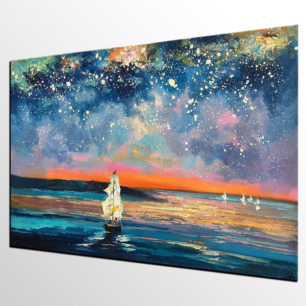 Landscape Canvas Painting, Large Canvas Wall Art, Starry Night Sky Painting, Custom Canvas Painting for Bedroom-Grace Painting Crafts