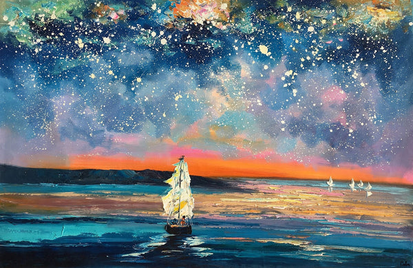 Landscape Canvas Painting, Large Canvas Wall Art, Starry Night Sky Painting, Custom Canvas Painting for Bedroom-Grace Painting Crafts