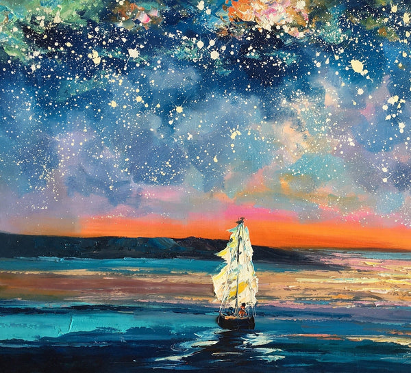 Landscape Canvas Painting, Large Canvas Wall Art, Starry Night Sky Painting, Custom Canvas Painting for Bedroom-Grace Painting Crafts