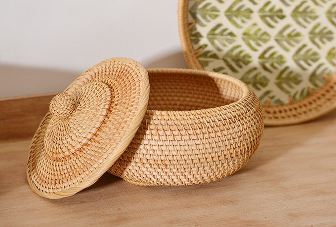Woven Storage Basket for Kitchen, Round Storage Basket, Rattan Baskets, Small Storage Baskets, Handmade Storage Baskets, Round Storage Basket with Lid-Grace Painting Crafts