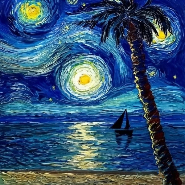 Heavy Texture Canvas Art, Easy Seascape Painting Ideas, Simple Small Canvas Paintings, Palette Knife Paintings, Sail Boat under Starry Night Painting, Small Landscape Painting-Grace Painting Crafts