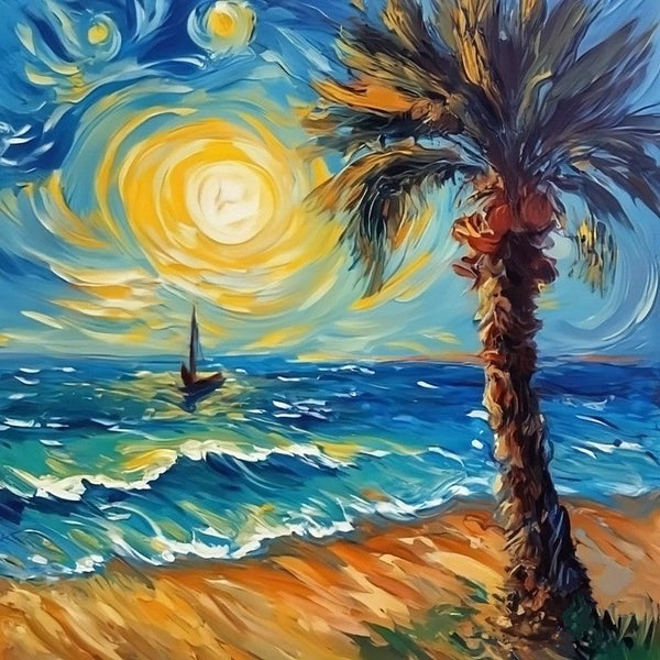 Palm Tree Sail Boat Seashore Beach Painting, Heavy Texture Canvas Art, Original Small Landscape Paintings, Small Palette Knife Oil Paintings, Easy Landscape Painting Ideas, Simple Small Canvas Paintings-Grace Painting Crafts