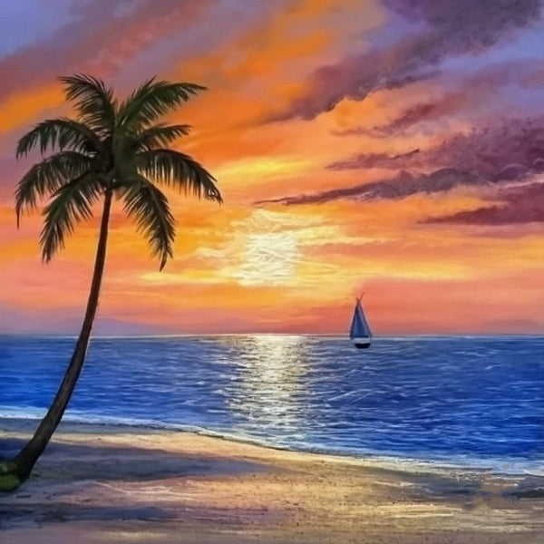 Original Small Landscape Paintings, Hawaii Seashore Beach Sail Boat Sunset Painting, Simple Small Canvas Paintings, Heavy Texture Acrylic Artwork, Easy Landscape Painting Ideas-Grace Painting Crafts