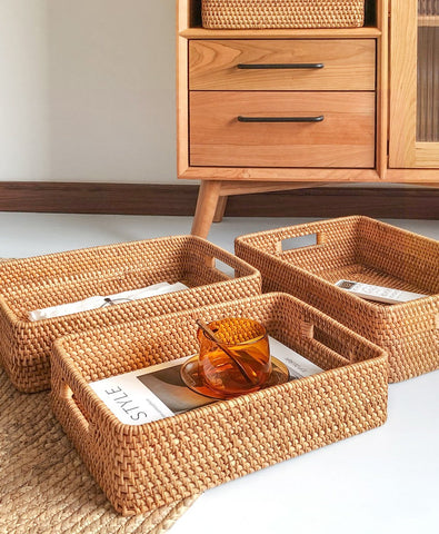 Woven Rectangular Basket with Handle, Rattan Storage Basket for Shelves, Woven Storage Baskets for Bathroom-Grace Painting Crafts
