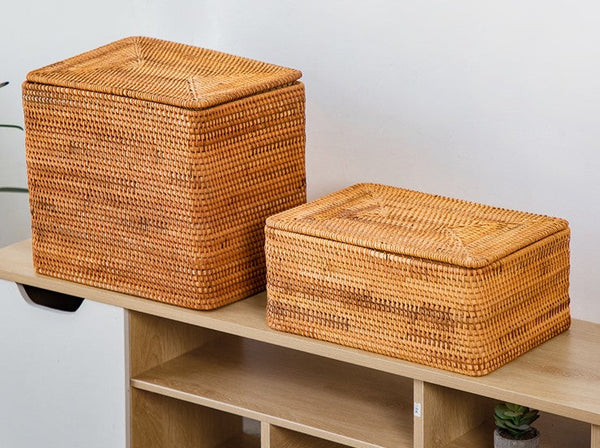 Storage Baskets with Lid, Rectangular Storage Baskets, Storage Baskets for Clothes, Pantry Storage Baskets, Rattan Woven Storage Basket for Bedroom-Grace Painting Crafts