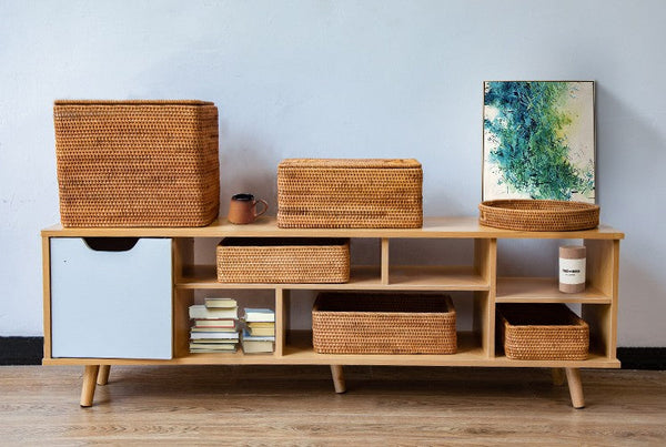 Storage Baskets with Lid, Rectangular Storage Baskets, Storage Baskets for Clothes, Pantry Storage Baskets, Rattan Woven Storage Basket for Bedroom-Grace Painting Crafts