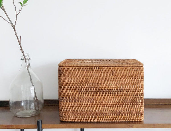 Woven Rattan Baskets, Rectangular Basket with Lid, Rectangular Storage Baskets, Storage Basket for Bedroom, Kitchen Storage Baskets-Grace Painting Crafts